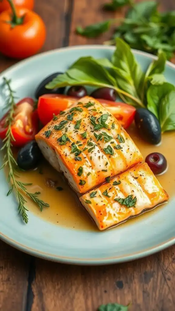 a plate of mediterranean salmon with olives, garnished with herbs and served with fresh vegetables.