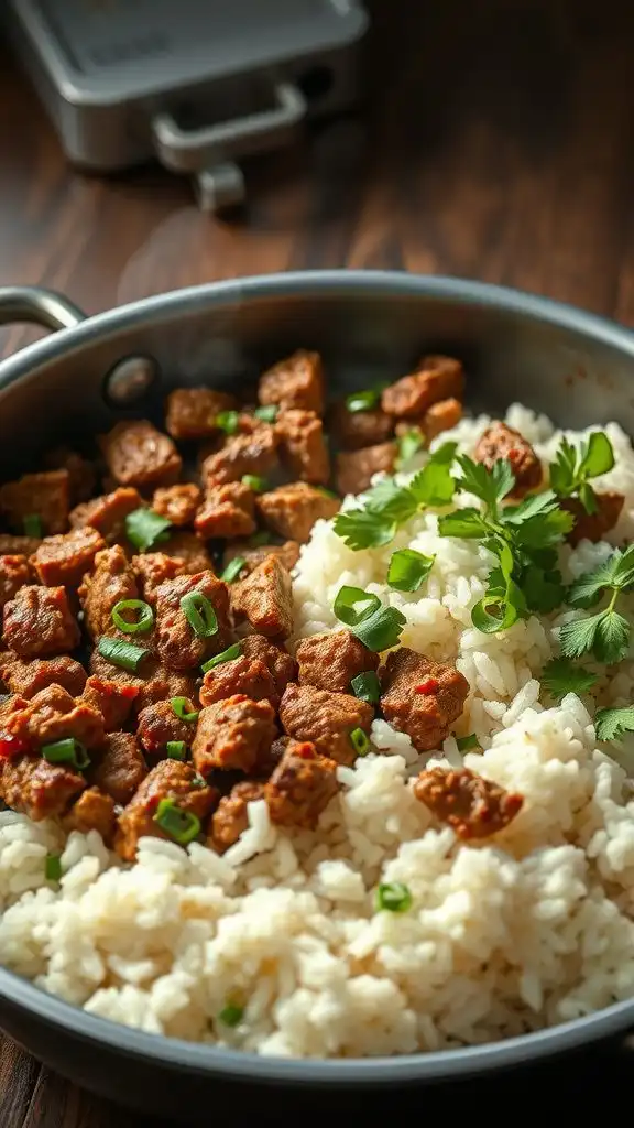 a skillet dish featuring ground beef and fluffy rice, garnished with fresh herbs.
