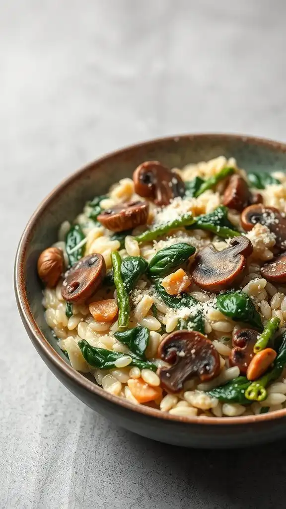 A bowl of creamy mushroom and spinach risotto with a sprinkle of cheese.