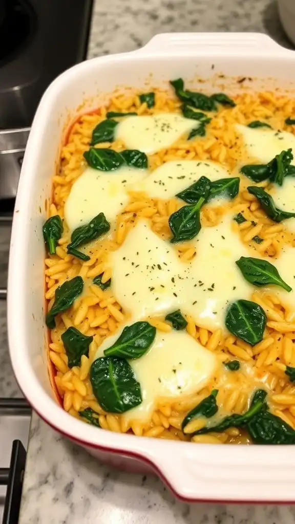 orzo bake with mozzarella and spinach