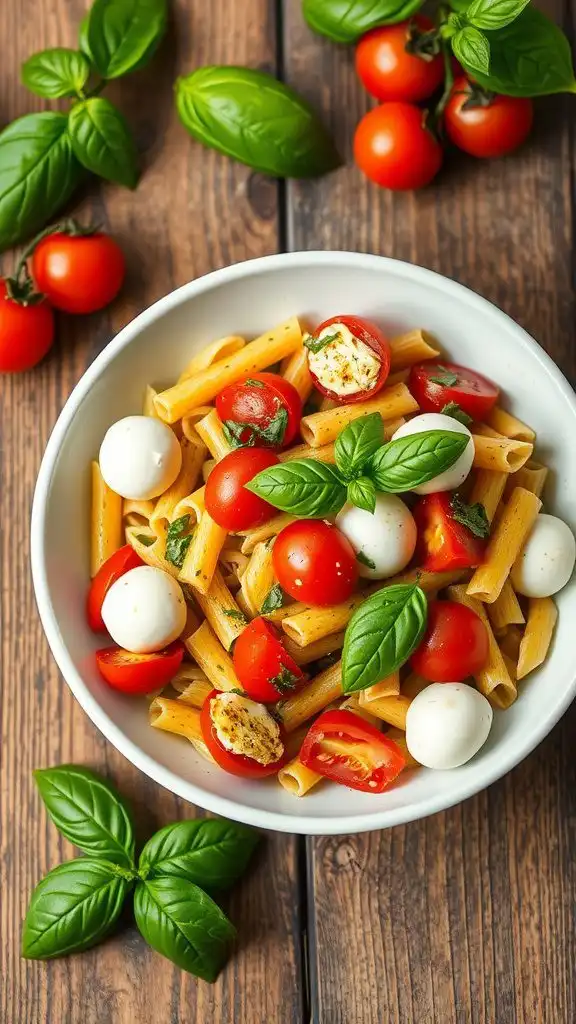 a bowl of pesto pasta salad with cherry tomatoes and mozzarella on a wooden table.