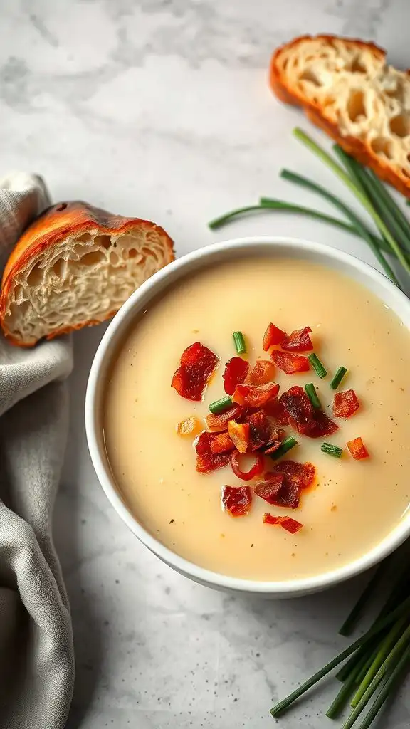 a creamy potato soup topped with crispy bacon and chives, served in a white bowl.