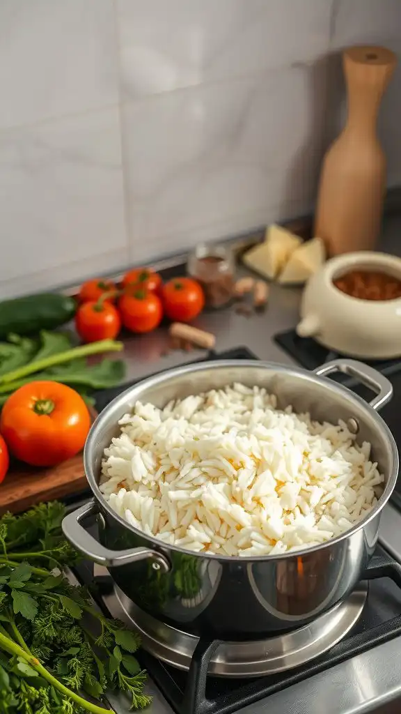a pot of cooked rice with fresh vegetables on the side
