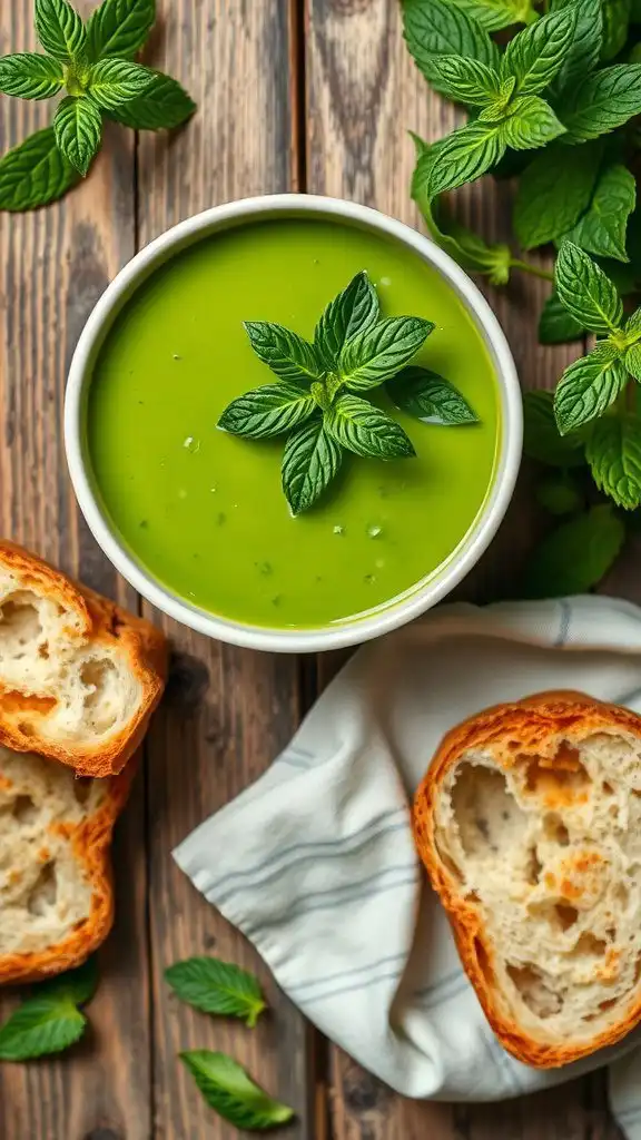 a bowl of vibrant green pea and mint soup topped with fresh mint leaves, surrounded by slices of crusty bread on a wooden table.