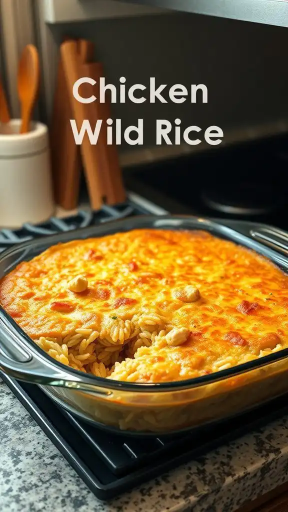 a delicious chicken and wild rice casserole dish, freshly baked and ready to serve.