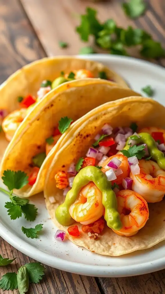 quick shrimp tacos with avocado sauce