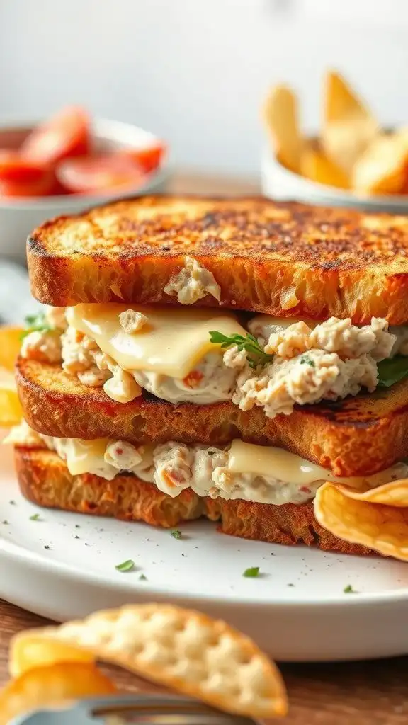 Delicious quick tuna melt sandwich with crispy bread and melted cheese