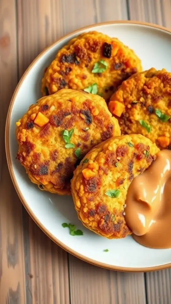 Delicious quinoa and sweet potato patties served with a dipping sauce.