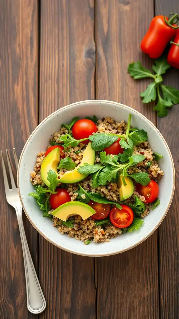 a bowl of quinoa salad with arugula, cherry tomatoes, and avocado.