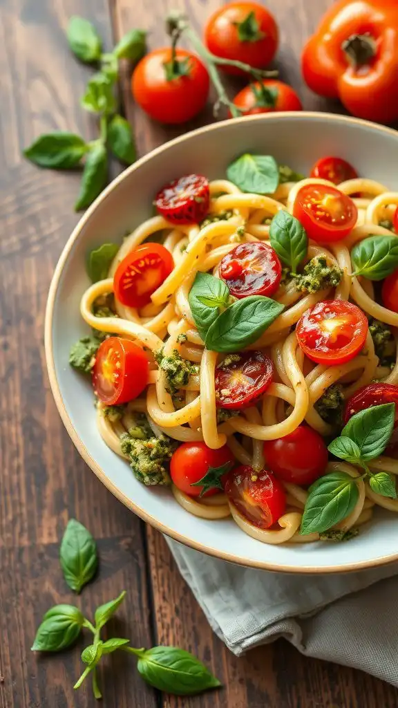 refreshing pesto pasta salad with cherry tomatoes