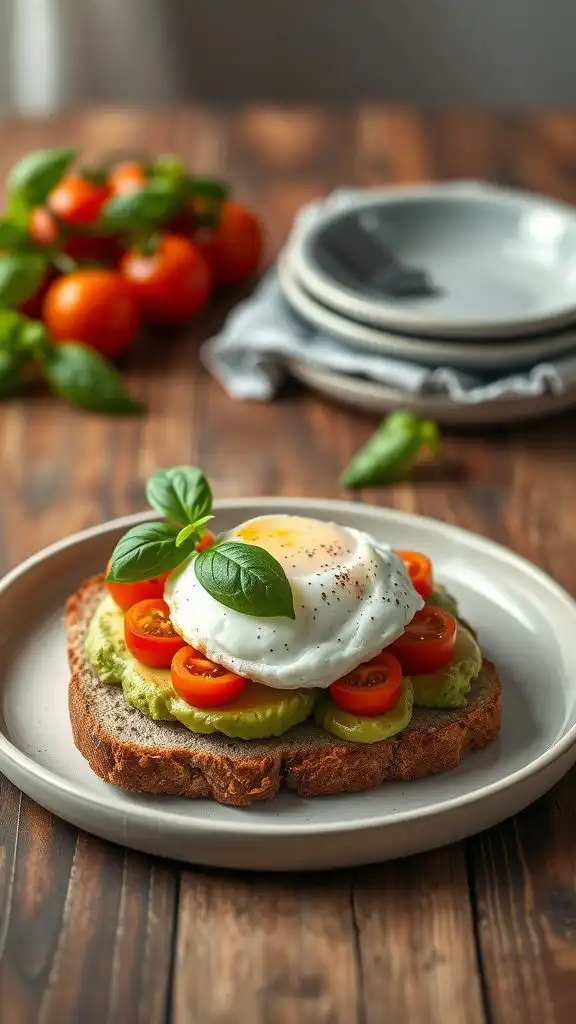 rustic avocado toast with poached egg cherry tomat