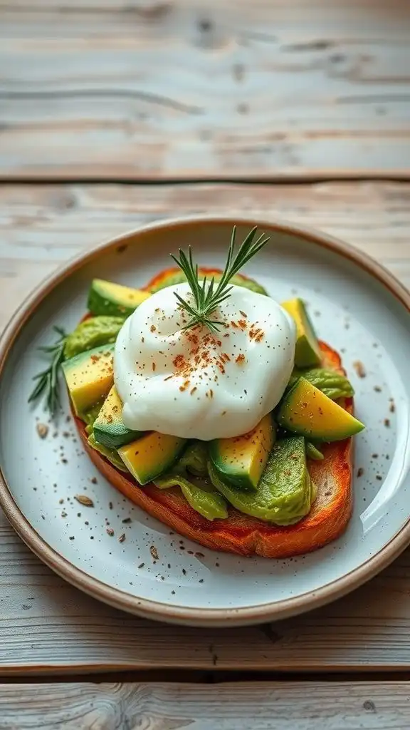 savory avocado toast with poached egg and a hint o