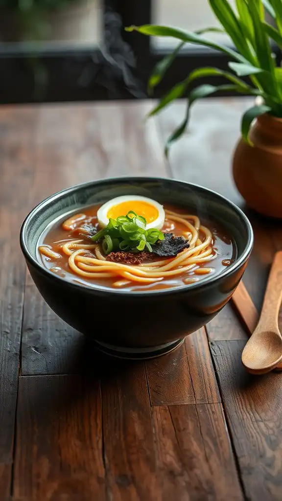 A bowl of savory miso ramen topped with green onions and a soft-boiled egg.