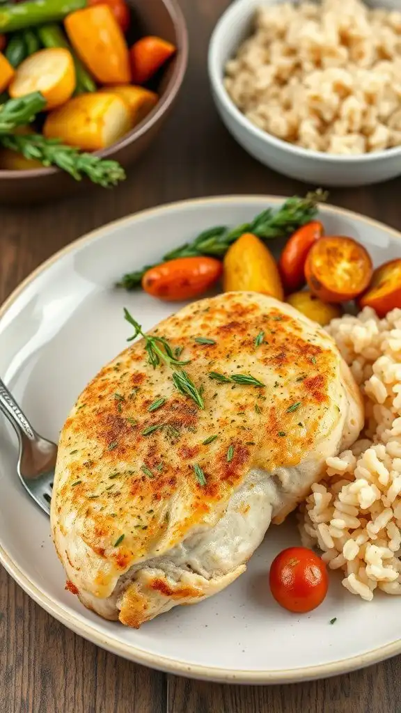 a beautifully plated dish featuring parmesan crusted chicken served with colorful vegetables and rice.