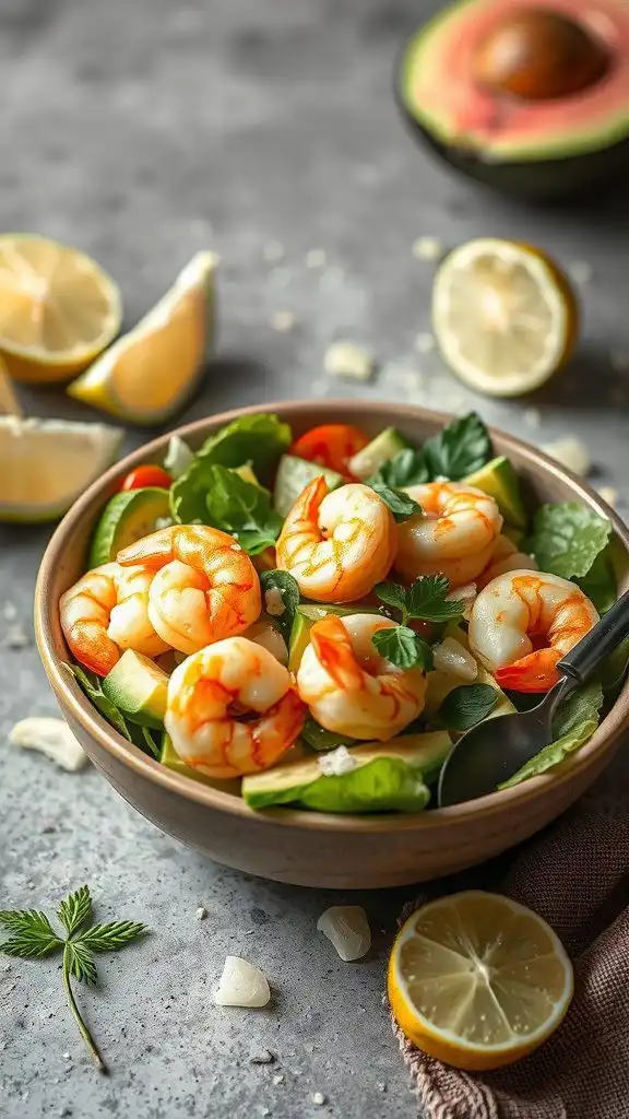 A vibrant shrimp and avocado salad with fresh greens and colorful vegetables.