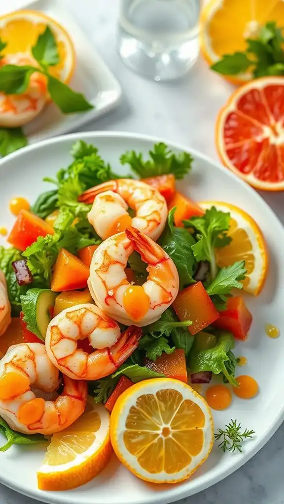a vibrant shrimp cocktail salad with mixed greens, colorful vegetables, and slices of lemon and orange.