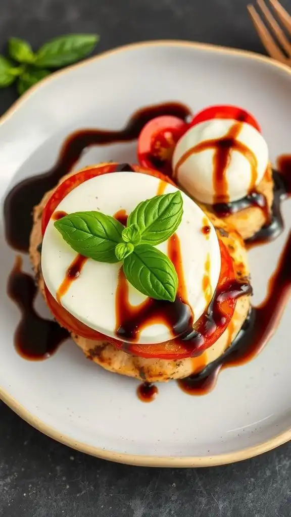 a plate of simple caprese chicken topped with mozzarella, tomatoes, and basil