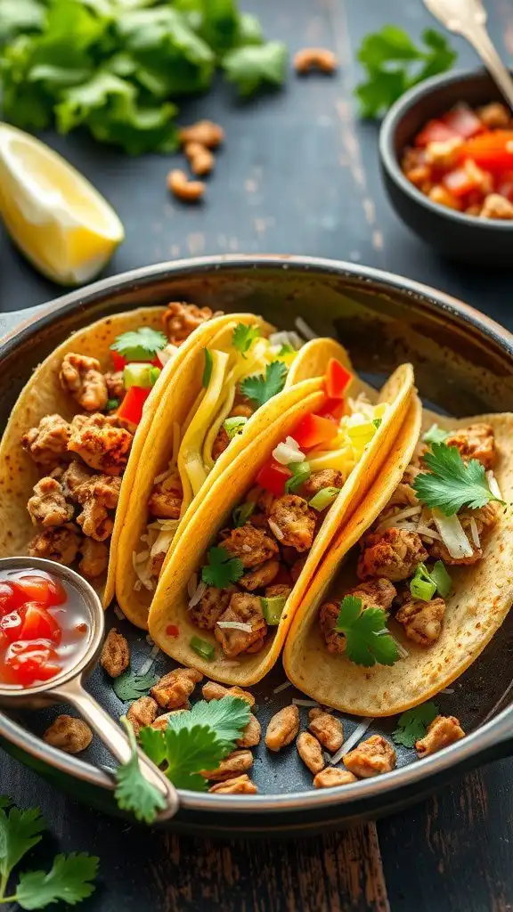 skillet turkey tacos served with toppings and salsa.
