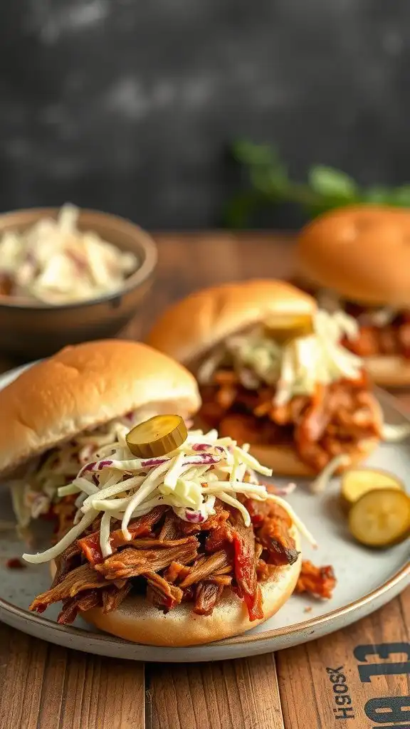 two bbq pulled pork sandwiches topped with coleslaw and pickles on a wooden table.