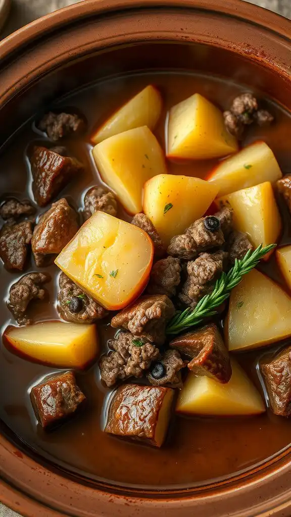 a hearty bowl of ground beef and potato stew, perfect for comfort food.