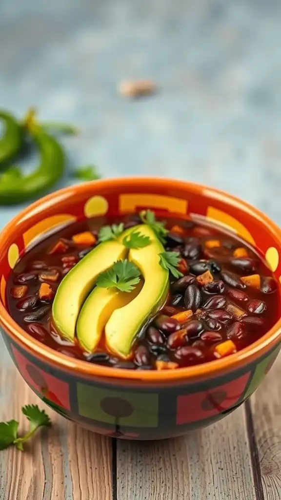 A vibrant bowl of spicy black bean soup topped with avocado slices and cilantro, served warm.