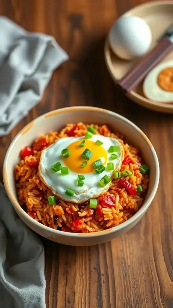 a bowl of spicy kimchi fried rice topped with a fried egg and green onions.