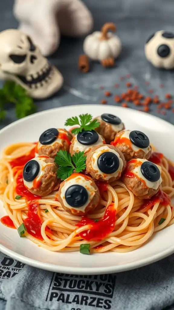 spooky spaghetti with eyeball meatballs