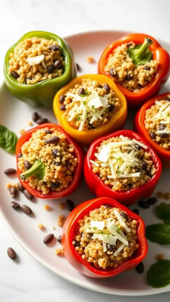 colorful stuffed bell peppers filled with grains, black beans, and cheese.