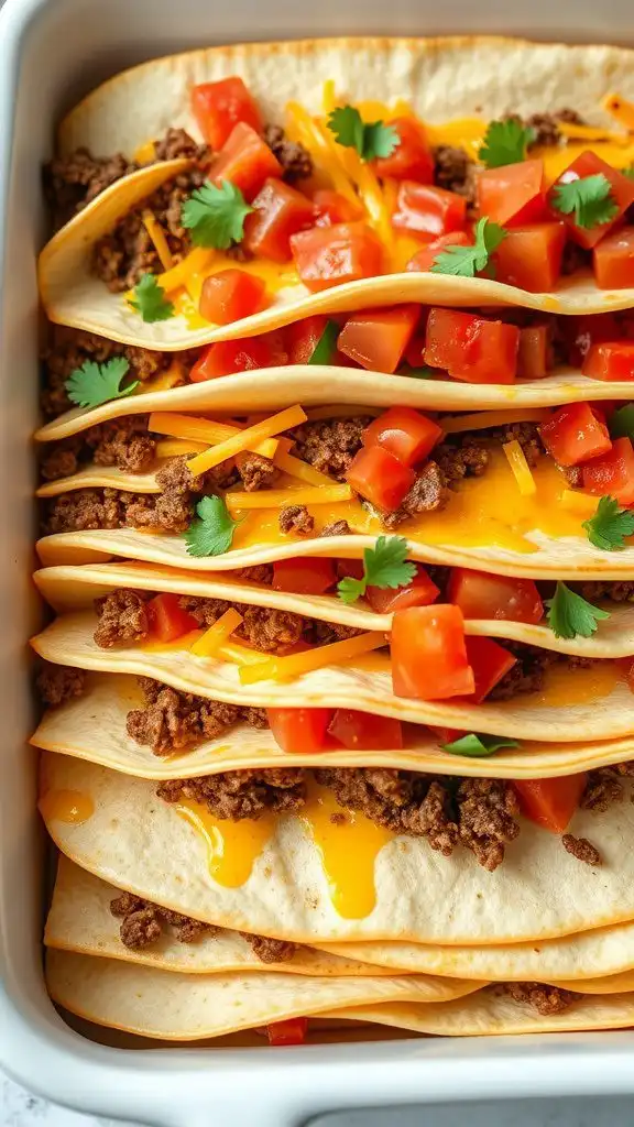 a delicious taco layer bake with layers of ground beef, tortillas, cheese, and fresh toppings.
