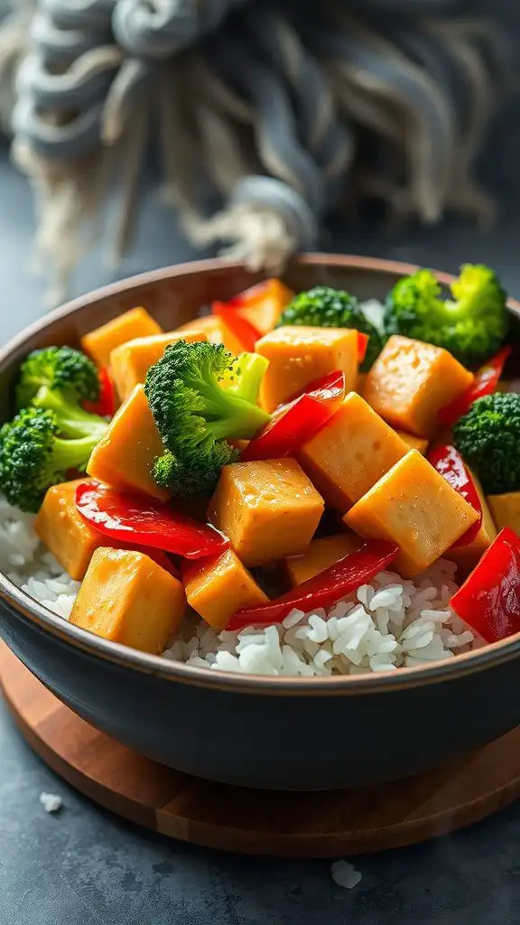 a bowl of colorful tofu and broccoli stir fry with rice.