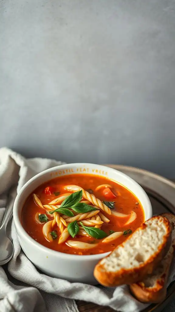 a bowl of tomato basil orzo soup with fresh basil and bread on the side.
