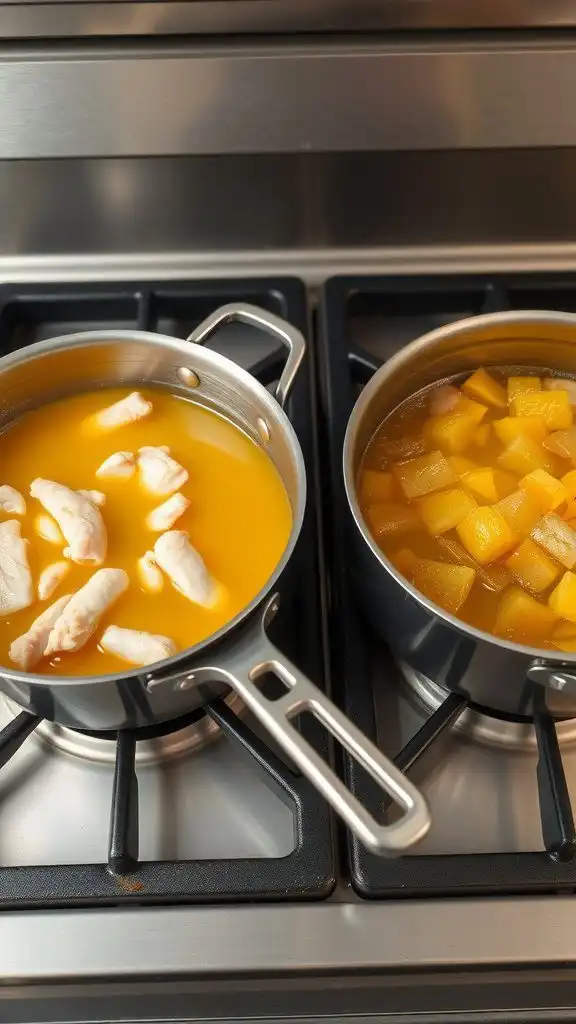 a pot with chicken in broth and a pot with diced vegetables cooking on a stove.