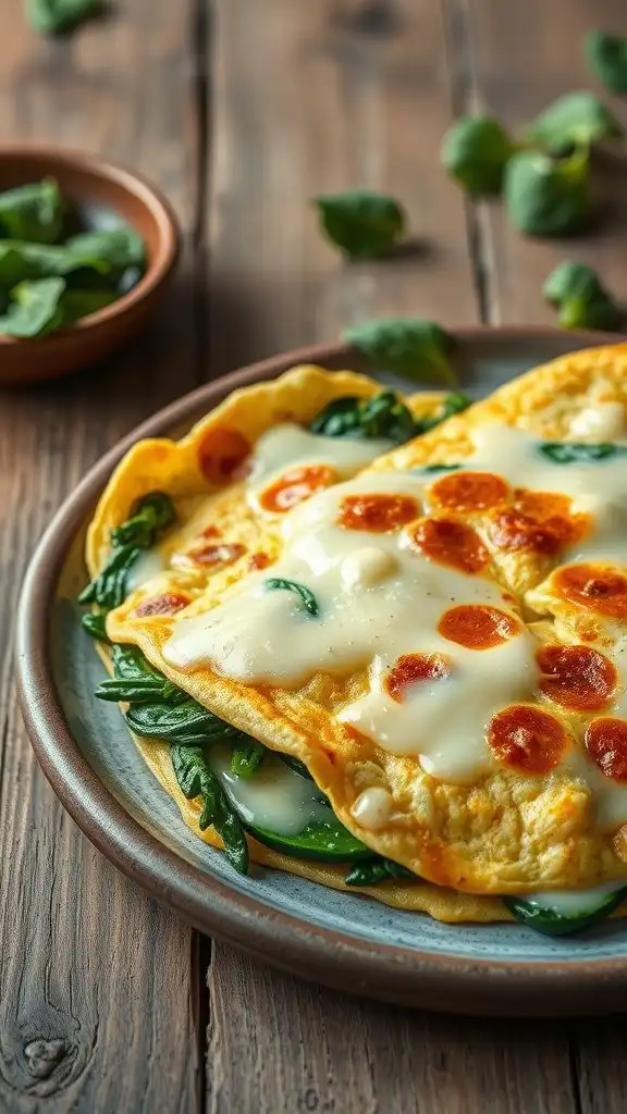 A savory vegetable omelette filled with spinach and topped with melted cheese, served on a rustic table.