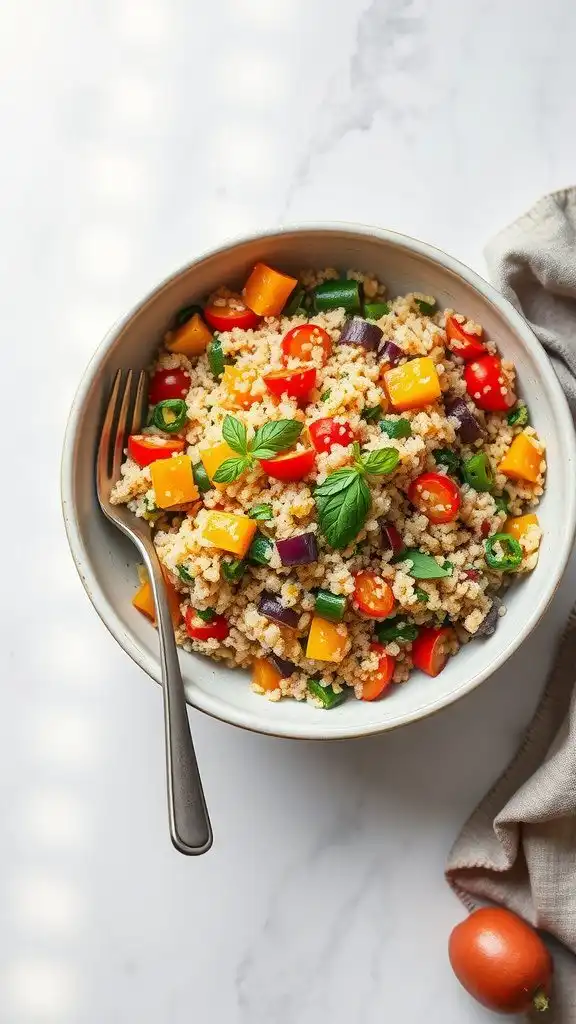 A colorful bowl of vegetable quinoa pilaf with diced vegetables and quinoa