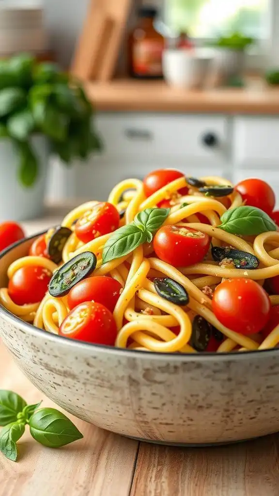 vibrant pesto pasta salad with juicy cherry tomato