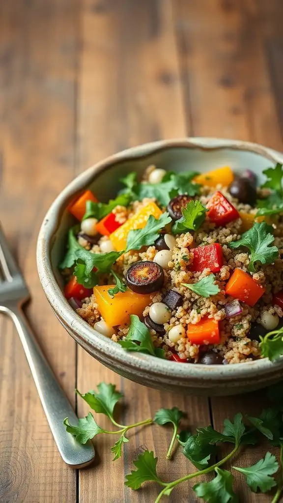 wholesome quinoa salad with arugula and roasted ve