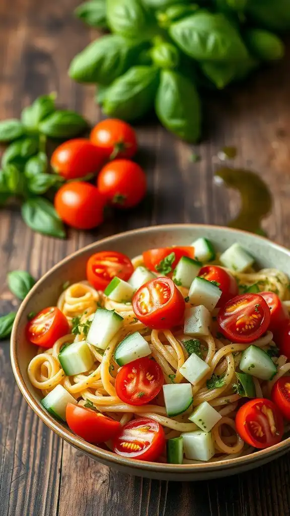 zesty pesto pasta salad with cherry tomatoes and c