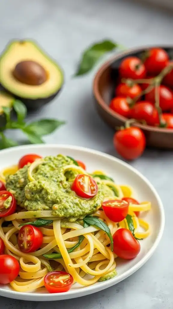 A plate of zucchini noodles topped with creamy avocado pesto and cherry tomatoes.