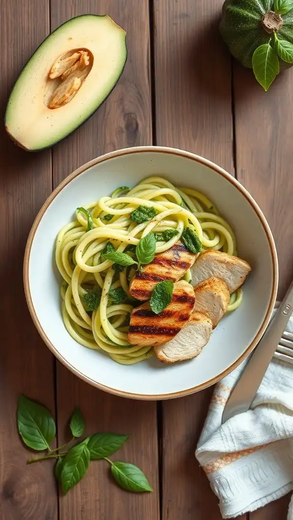 A bowl of zucchini noodles with pesto and grilled chicken