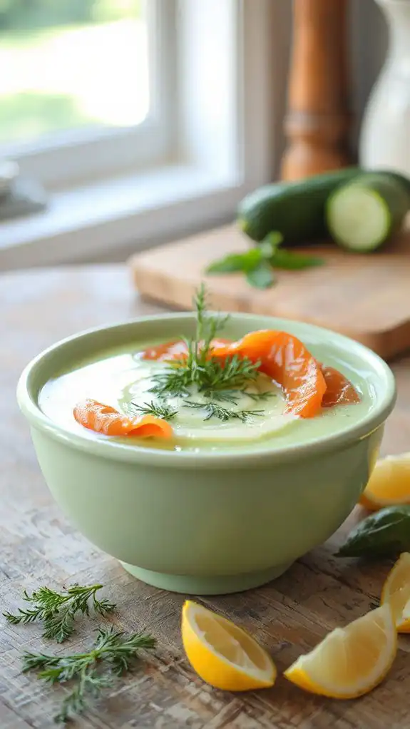 chilled cucumber soup with salmon