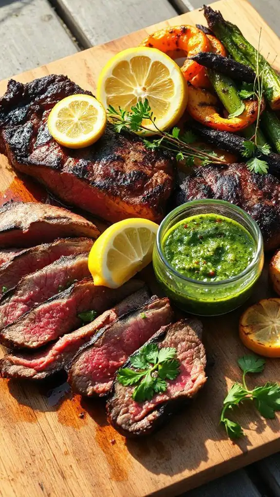 chimichurri topped sliced steak