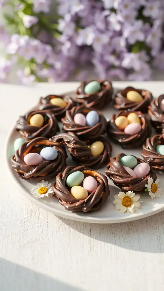 crunchy chocolate covered pretzel nests