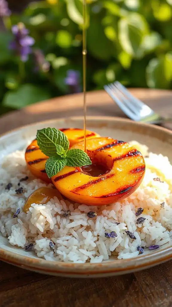 grilled peaches with lavender rice