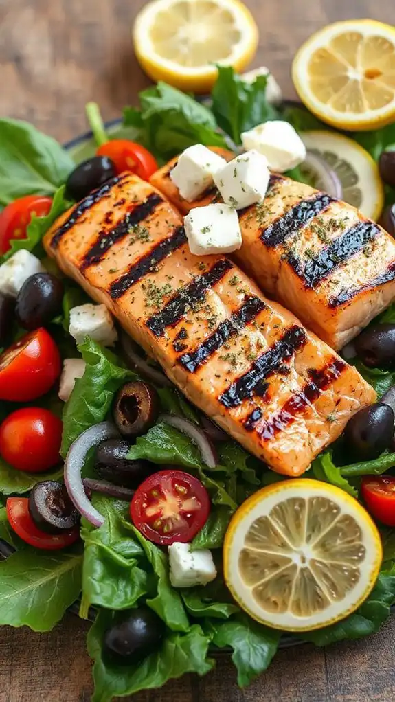 grilled salmon atop greek salad