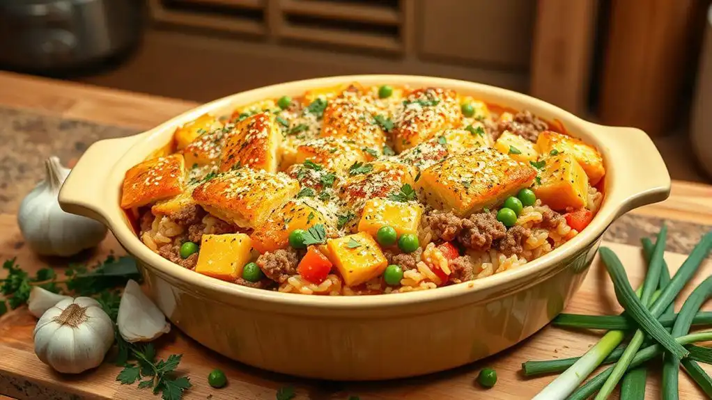 hamburger casserole with garlic bread