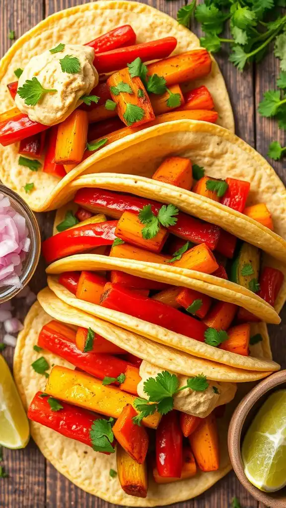 hummus filled roasted veggie tacos