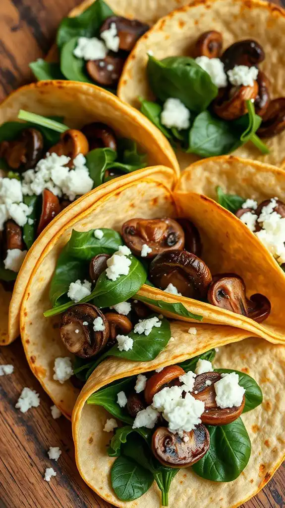 mushroom spinach tacos topped