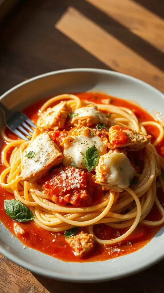 pasta topped with chicken