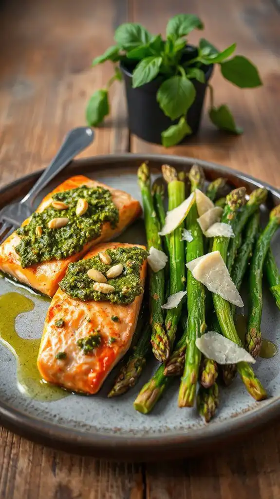 pesto coated salmon with asparagus