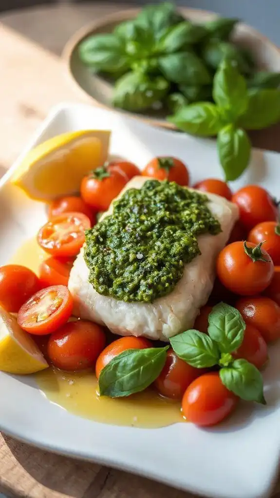 pesto halibut with tomatoes